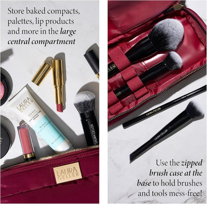 LAURA GELLER NEW YORK Quilted Makeup Bag with Brush Case, Burgundy - Toiletry Bag Organizer for Travel - Large Capacity Full Size Makeup Bag - Easy to Clean