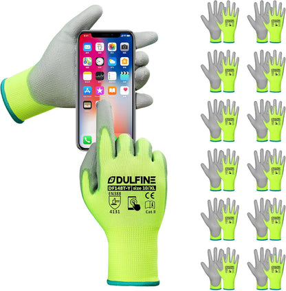 DULFINE Safety Work Gloves PU Coated for Men and Women-12 Pairs,Hi-Vis Seamless Knit Glove with Two Fingers Touchscreen,Ideal for General Duty Work (Extra Large)