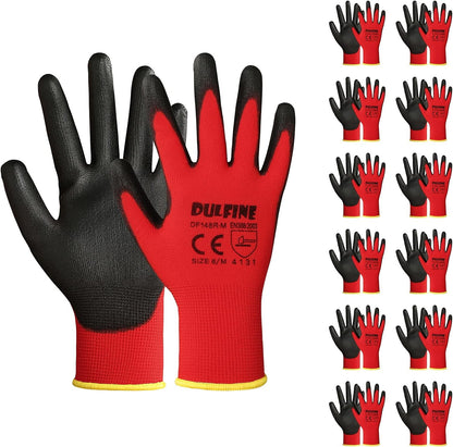 DULFINE Safety Work Gloves PU Coated-12 Pairs,Red Seamless Knit Glove with Polyurethane Coated Smooth Grip on Palm & Fingers, for Men and Women, Ideal for General Duty Work (Small)