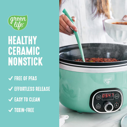 GreenLife 6 Quart Ceramic Slow Cooker, PFAS-Free, Programmable, Removable Healthy Nonstick Pot for Family Meals, Sear on Stovetop, Keep Warm, Digital Timer, Dishwasher Safe Glass Lid, Turquoise