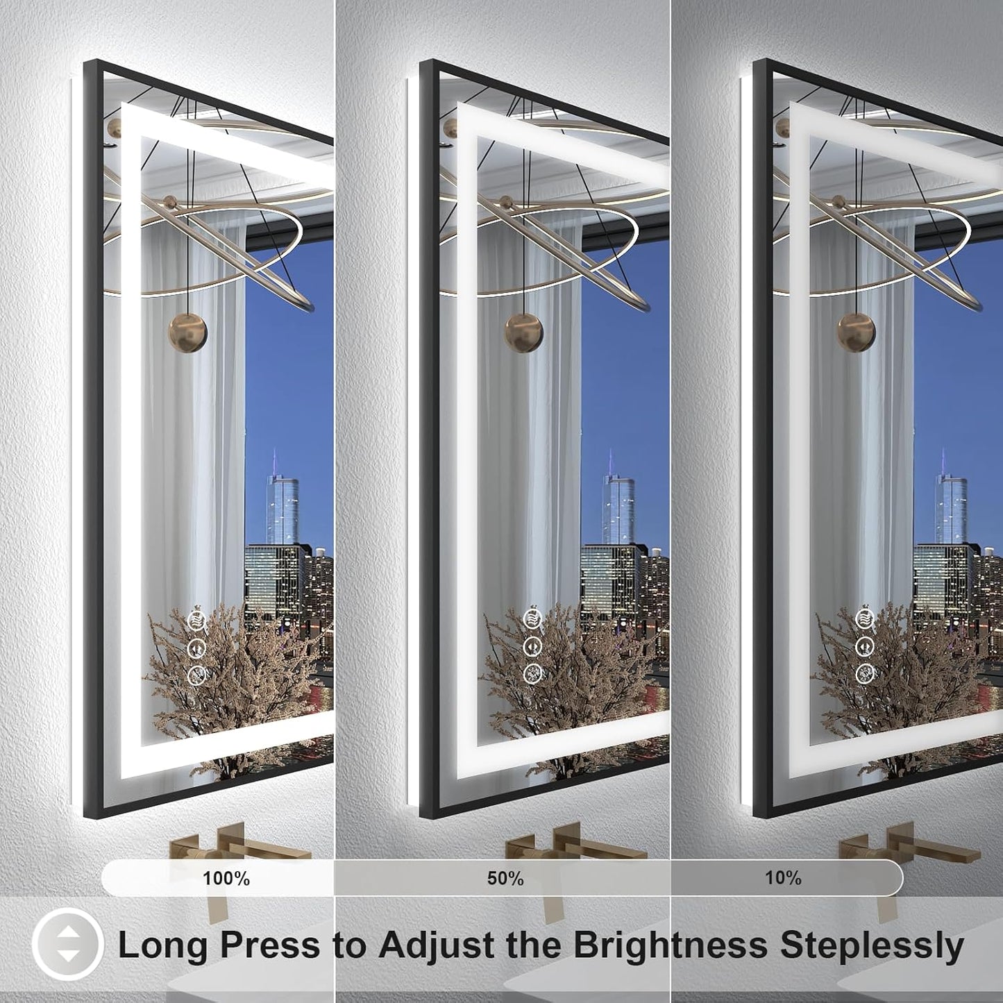 OKPAL 50x30 LED Bathroom Mirror with Black Frame, Lighted Bathroom Vanity Mirror, Front and Backlit, Dimmable, Anti-Fog, 3 Colors, Shatterproof, ETL Listed, Horizontal/Vertical