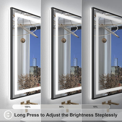 OKPAL 66x40 LED Bathroom Mirror with Lights, Frontlit & Backlit Lighted Bathroom Mirror, Black Lighted Vanity Mirror, Anti-Fog, Dimmable 3 Colors, Shatterproof, Horizontal/Vertical