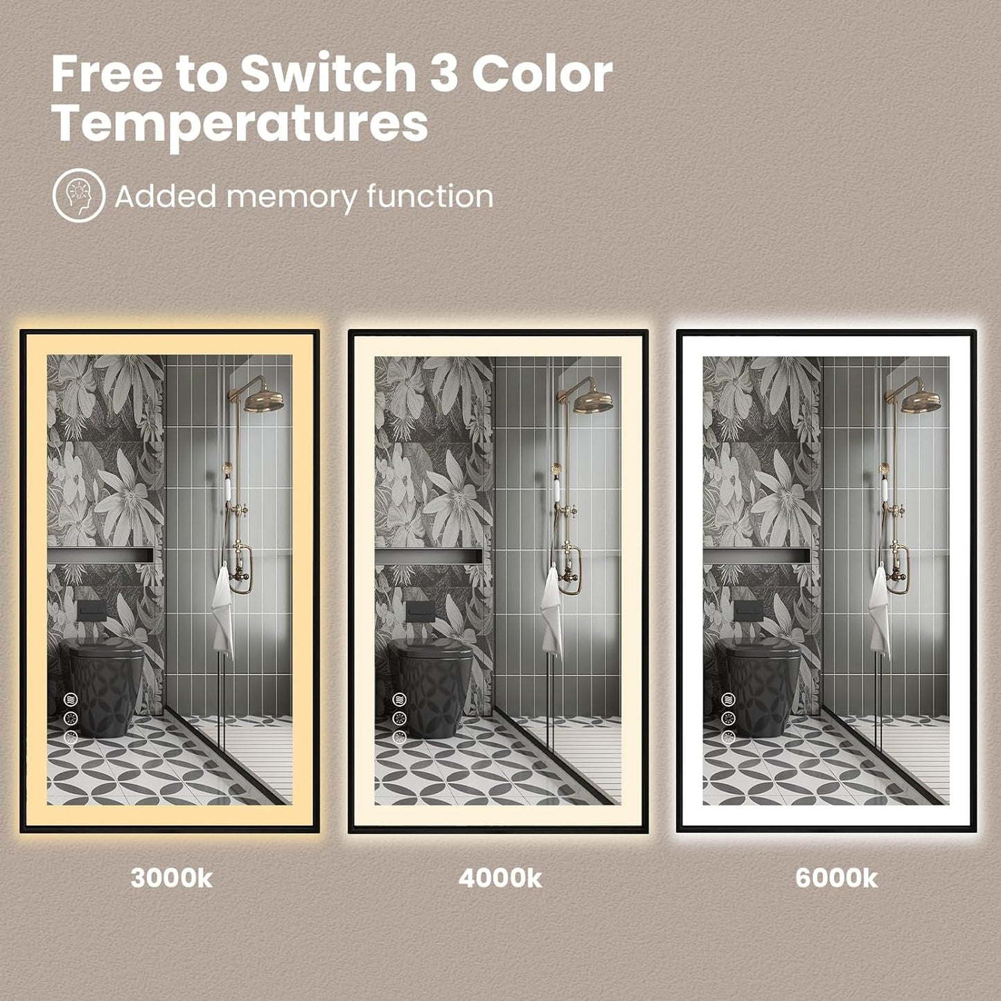 Amorho 48" X30" LED Bathroom Mirror with Black Frame, Front Light and Backlit(Controlled Separately), Stepless Dimmable, Anti-Fog, Shatter-Proof, 3 Colors, Memory