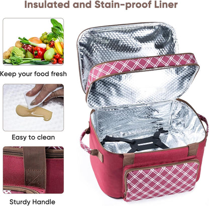 Double Layer Slow Cooker Carrier Bag – Fits 6–8 Qt Oval Slow Cooker Compatible with CrockPot & Hamilton Beach | Insulated Travel Tote with Utensil Storage & Adjustable Straps