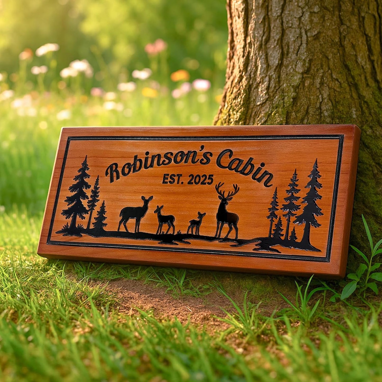 Personalized Carved Cabin Sign Custom Wooden Outdoor Sign Deer Pine Trees Rustic Mountain House Sign Lake House Sign Cottage Sign Camping Sign