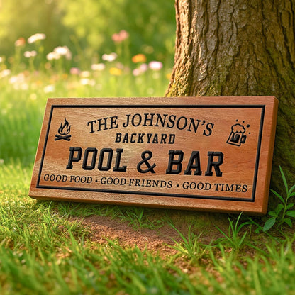 Custom Wood Bar Sign Personalized Backyard Pool and Bar Decor Carved Family Name Wooden Sign Outdoor Wall Art Housewarming Gift Patio Sign