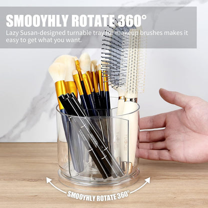Makeup Brush Holder Organizer -Rotating 360° Clear Storage Cup Containers for Vanity, Desk, Countertop, Spinning Pen Holder for Desk, Round Make up Brush Stand with 5 Slots, for Cosmestics (Clear)