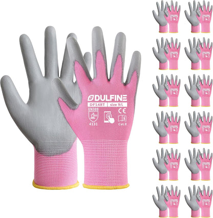 DULFINE Work Gloves for Men PU Coated 12 Pairs Bulk Pack,Pink Seamless Knit Glove with thin Polyurethane,Two Finger Touchscreen, for Men and Women, Ideal for Light Duty Work. (Medium)