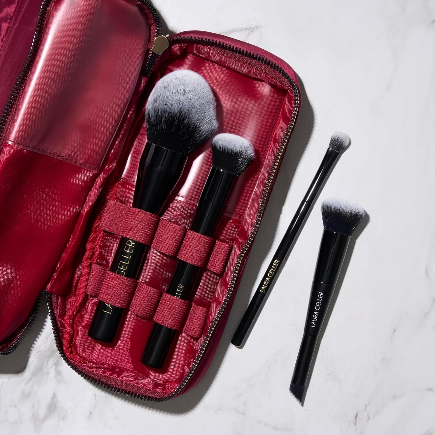 LAURA GELLER NEW YORK Quilted Makeup Bag with Brush Case, Burgundy - Toiletry Bag Organizer for Travel - Large Capacity Full Size Makeup Bag - Easy to Clean