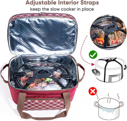 Double Layer Slow Cooker Carrier Bag – Fits 6–8 Qt Oval Slow Cooker Compatible with CrockPot & Hamilton Beach | Insulated Travel Tote with Utensil Storage & Adjustable Straps