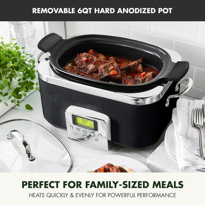GreenPan Elite 14-in-1 Programmable 6QT Electric Slow Cooker, Dishwasher Safe Lid & Removable Crock, PFAS-Free Healthy Ceramic Nonstick Multi-Cooker, Sear, Sauté, Brown, Steam Basket, Roast, Black
