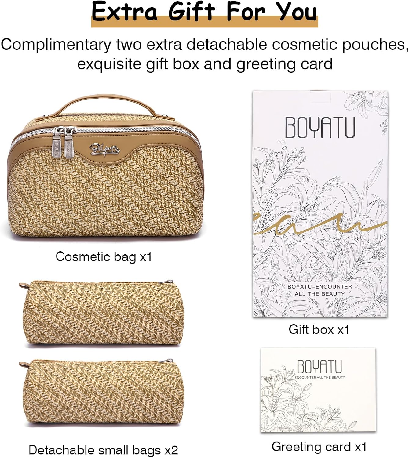 BOYATU Travel Makeup Bags for Women: Large Cosmetic Bag Waterproof - Vegan Leather Make up Bag Set of 3 - Compact Toiletry Organizer with Compartments & Handle & Divider (Z-Brown)