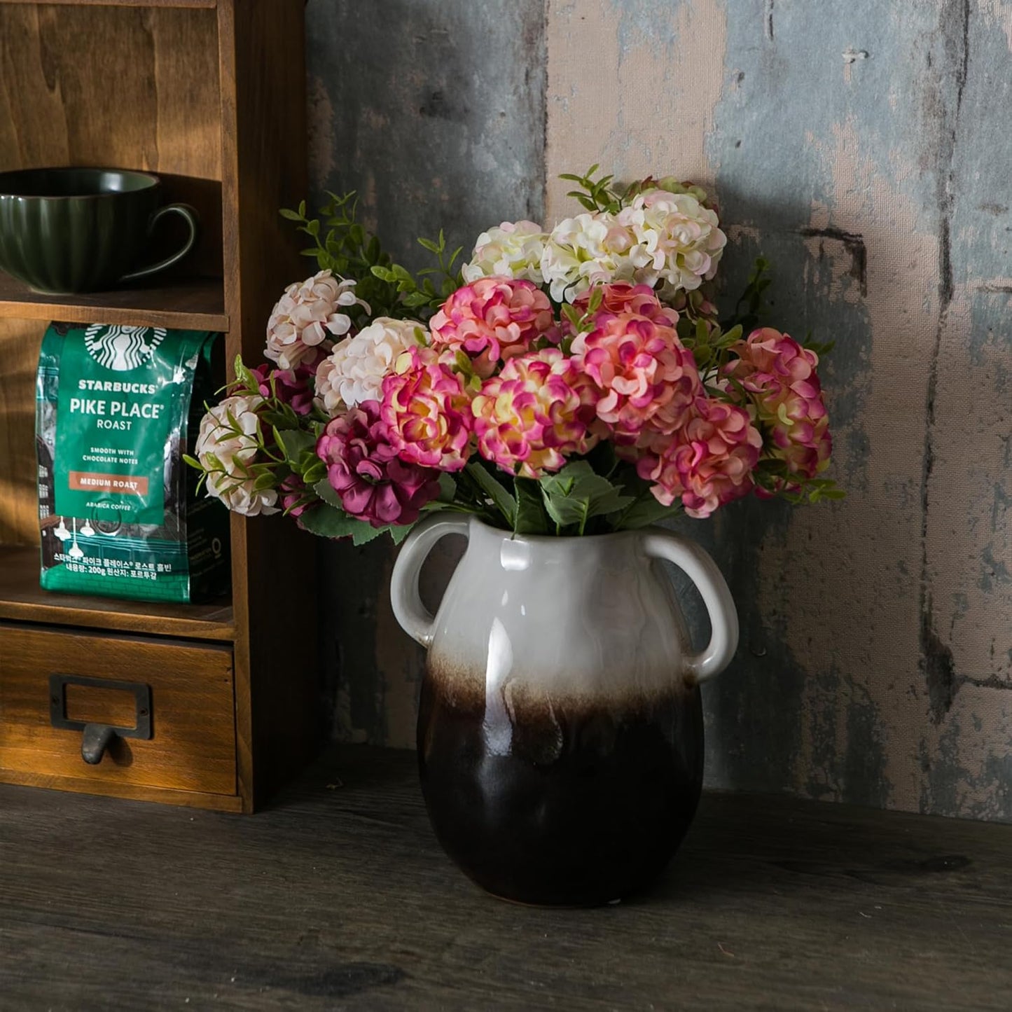 White Gradient Ceramic Vase with 2 Handles, Modern Farmhouse Decor, Rustic Terracotta Pottery, Decorative Flower Vases, Clay Small Vase, Centerpiece for Dining Table - 7 Inch Tall