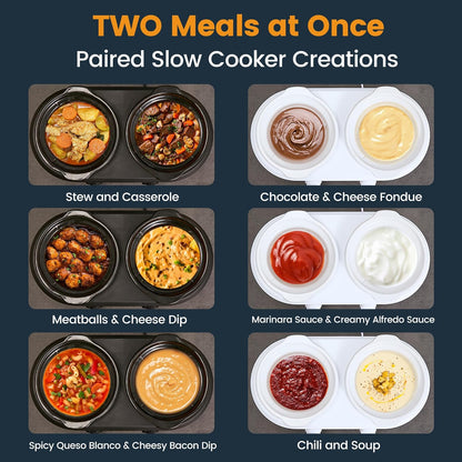 KOOC Double Small Slow Cooker, Buffet Server and Warmer, 2 Mini Pots with 3 Individual Adjustable Temp, Dual Ceramic Pots, Free Liners for Easy Clean-up, Stainless Steel, Total 2.5 Quart, Red, Round