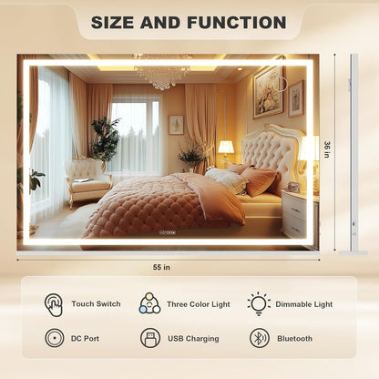 Hasipu Vanity Mirror with Lights and Bluetooth Speaker, 55" x 35.8" LED Makeup Mirror, Lighted Makeup Mirror with Dimmable 3 Modes, Touch Screen Control Vanity Mirror Square White