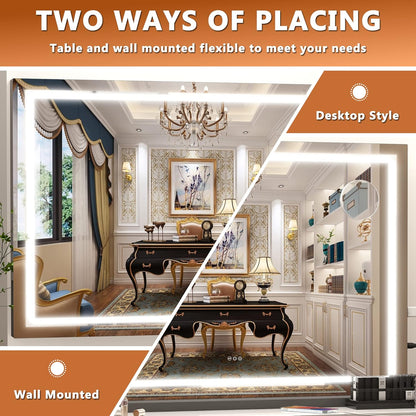 Hasipu Vanity Mirror with Lights, 32" x 22" LED Makeup Mirror, Lighted Makeup Mirror with Dimmable 3 Modes, Touch Screen Control Vanity Mirror Square Black