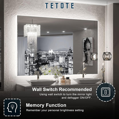 TETOTE 48 x 30 LED Backlit Bathroom Mirror with Light,3Color White/Warm/Natural,Anti-Fog Lighted Mirror,Dimmable,Vanity Mirror,Wall Mounted