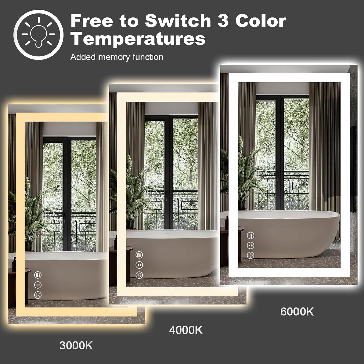 Amorho LED Bathroom Mirror 24"x 36" with Front and Backlight, Stepless Dimmable Wall Mirrors with Anti-Fog, Shatter-Proof, Memory, 3 Colors, Double LED Vanity Mirror(Horizontal/Vertical)