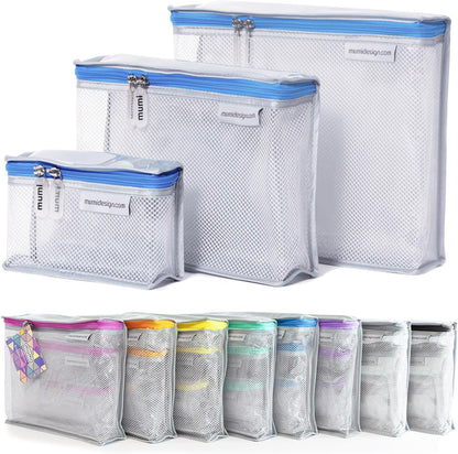 MUMI Travel Toiletry Bag Set of 3 – Clear TSA Approved Toiletry Bags for Women – Reusable Water-Resistant Makeup Organizer Pouches for Skincare, Cosmetics, Travel Accessories, Airport Packing - Blue