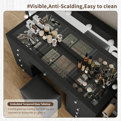 11 Drawers Makeup Vanity with Charging Station, Vanity Desk with 13 LED Bulbs and HD Mirror, 3 Color Brightness Adjustable, Glass Top Vanity Set for Bedroom, Black