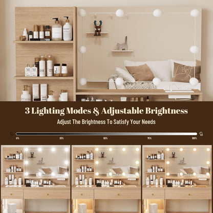 40" Vanity Desk with Large Mirror and Lights, Modern Glass Top Makeup Vanity Set with Power Outlet, Drawers and Cabinet, 3 Lighting Color Adjustable Dressing Table for Bedroom,Oak