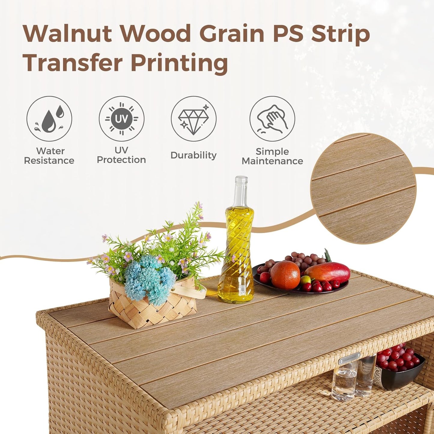 Grand patio Outdoor Storage Cabinet with Walnut Wood Tabletop Weatherproof Wicker Buffet Cabinet 2-Door Wicker Sideboard for Garden Patio Poolside Beige