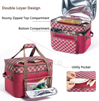 Double Layer Slow Cooker Carrier Bag – Fits 6–8 Qt Oval Slow Cooker Compatible with CrockPot & Hamilton Beach | Insulated Travel Tote with Utensil Storage & Adjustable Straps