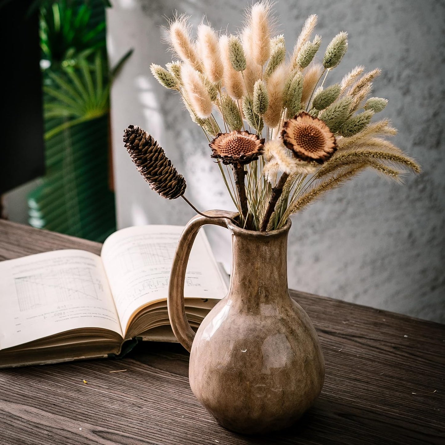 Brown Ceramic Vase with Big Handles, Modern Farmhouse Decor, Rustic Pottery for Flowers, Decorative Terracotta Centerpiece for Dining Table