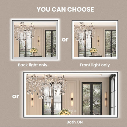 Amorho 48" X30" LED Bathroom Mirror with Black Frame, Front Light and Backlit(Controlled Separately), Stepless Dimmable, Anti-Fog, Shatter-Proof, 3 Colors, Memory