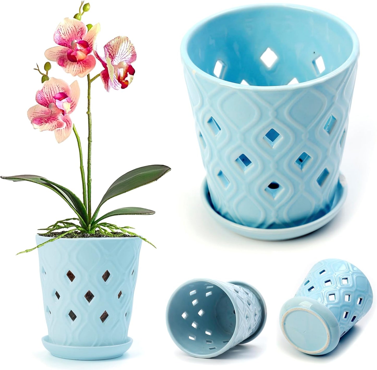 Whispering Winds Ceramic 5 x 6 Inch Orchid Pot with Holes & Saucer for Aeration and Drainage - Decorative Orchid Pots for Repotting, Prevent Over Watering & Root Rot (Charlotte Blue)