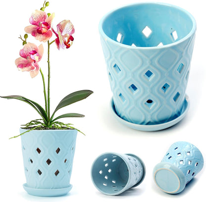 Whispering Winds Ceramic 5 x 6 Inch Orchid Pot with Holes & Saucer for Aeration and Drainage - Decorative Orchid Pots for Repotting, Prevent Over Watering & Root Rot (Charlotte Blue)