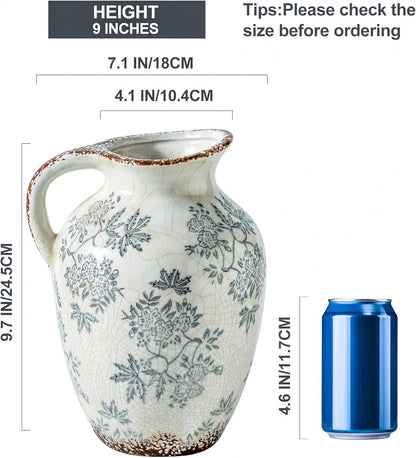 Enra Vintage vase with Handle,Blue and White Ceramic Decorative Flower vase, Chinoiserie Floral Vase,Large Rustic Vases for Home Decors, Living Room, Bookshelf, Office，9.7 inch