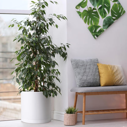 D'vine Dev 2 Pack 14 Inch Modern Plastic Plant Pots, Small Garden Planters for Plant with Drainage Holes and Saucers, White Color, 74-Z-Q-1