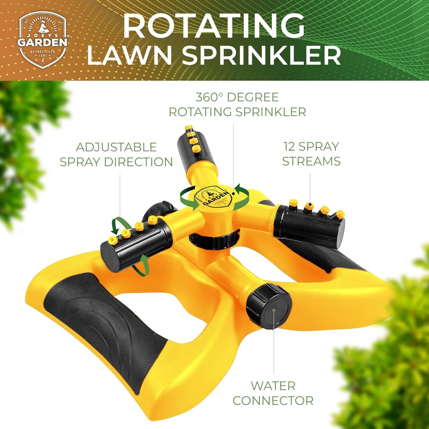 Joeys Sprinkler for Yard, Rotating Garden Sprinkler for Large Area Coverage, Lawn and Yard Sprinklers (Yellow)