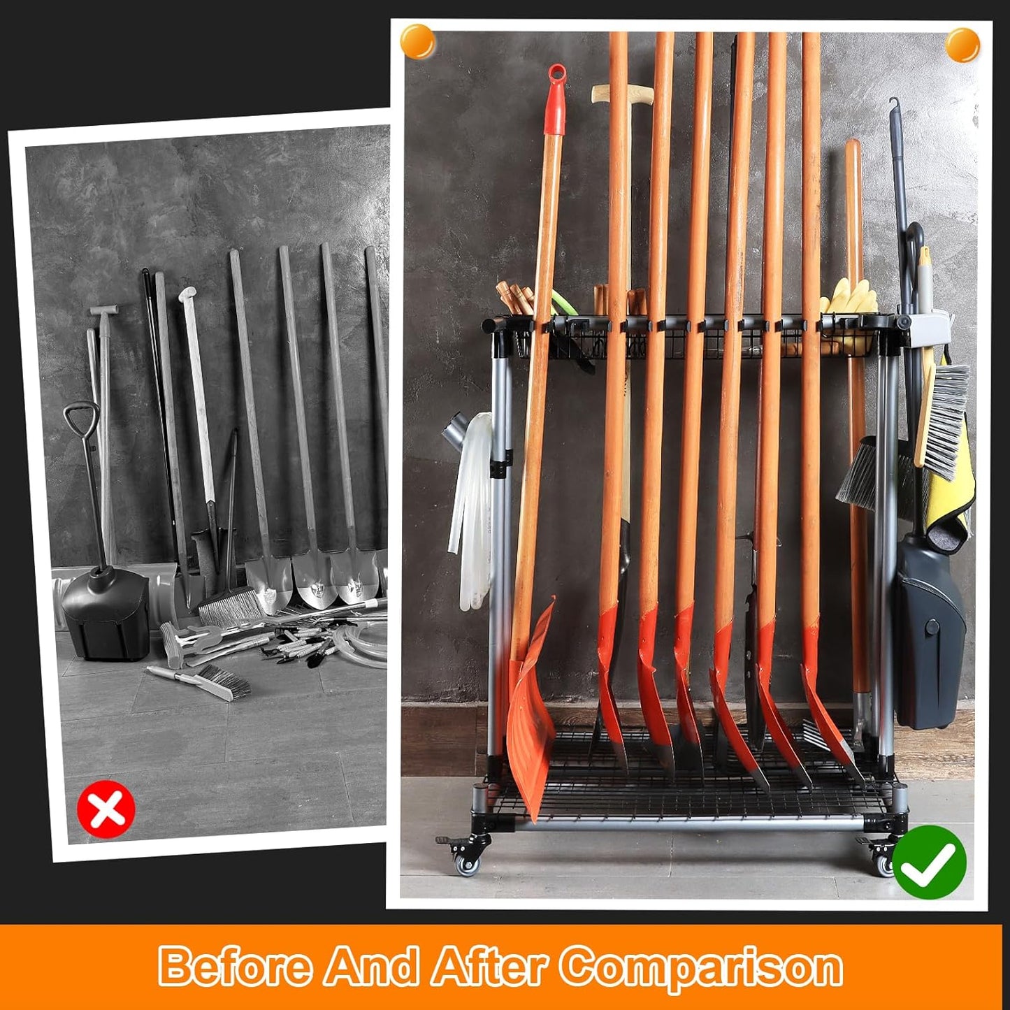 Garden Tool Storage Rack with Wheels Heavy-Duty Organizer for Garage, Yard, and Garden Tools