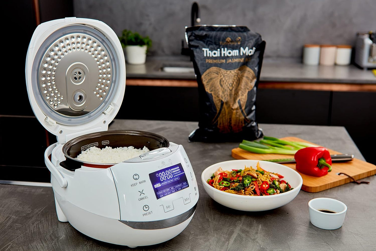 Yum Asia Sakura Rice Cooker with Ceramic Bowl and Advanced Fuzzy Logic (8 Cup, 1.5 Litre) 6 Rice Cook Functions, 6 Multicook Functions, Motouch LED Display, 120V Power (White and Siver)