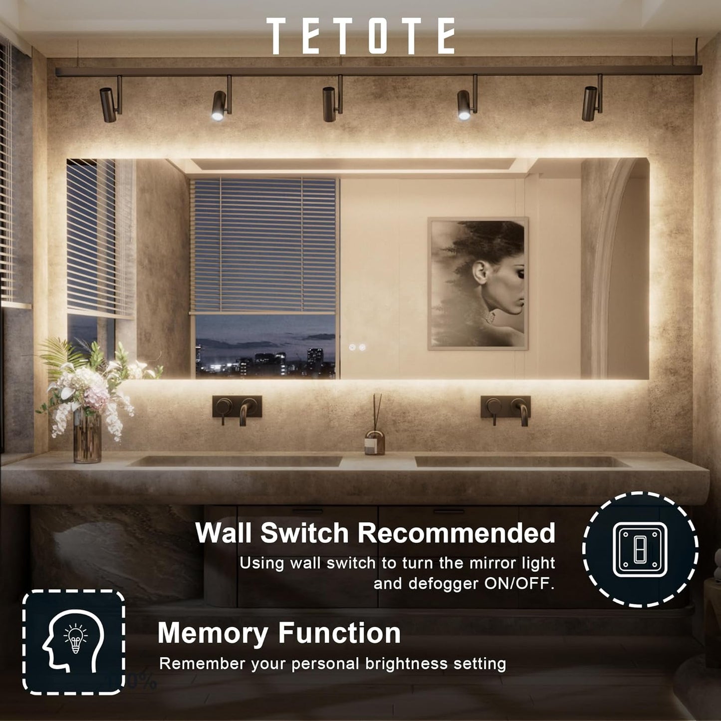 TETOTE Backlit Bathroom 84 x 32 Vanity Mirror with Light,3 Color White/Warm/Natural,Anti-Fog Lighted Mirror,Dimmable,Wall Mounted