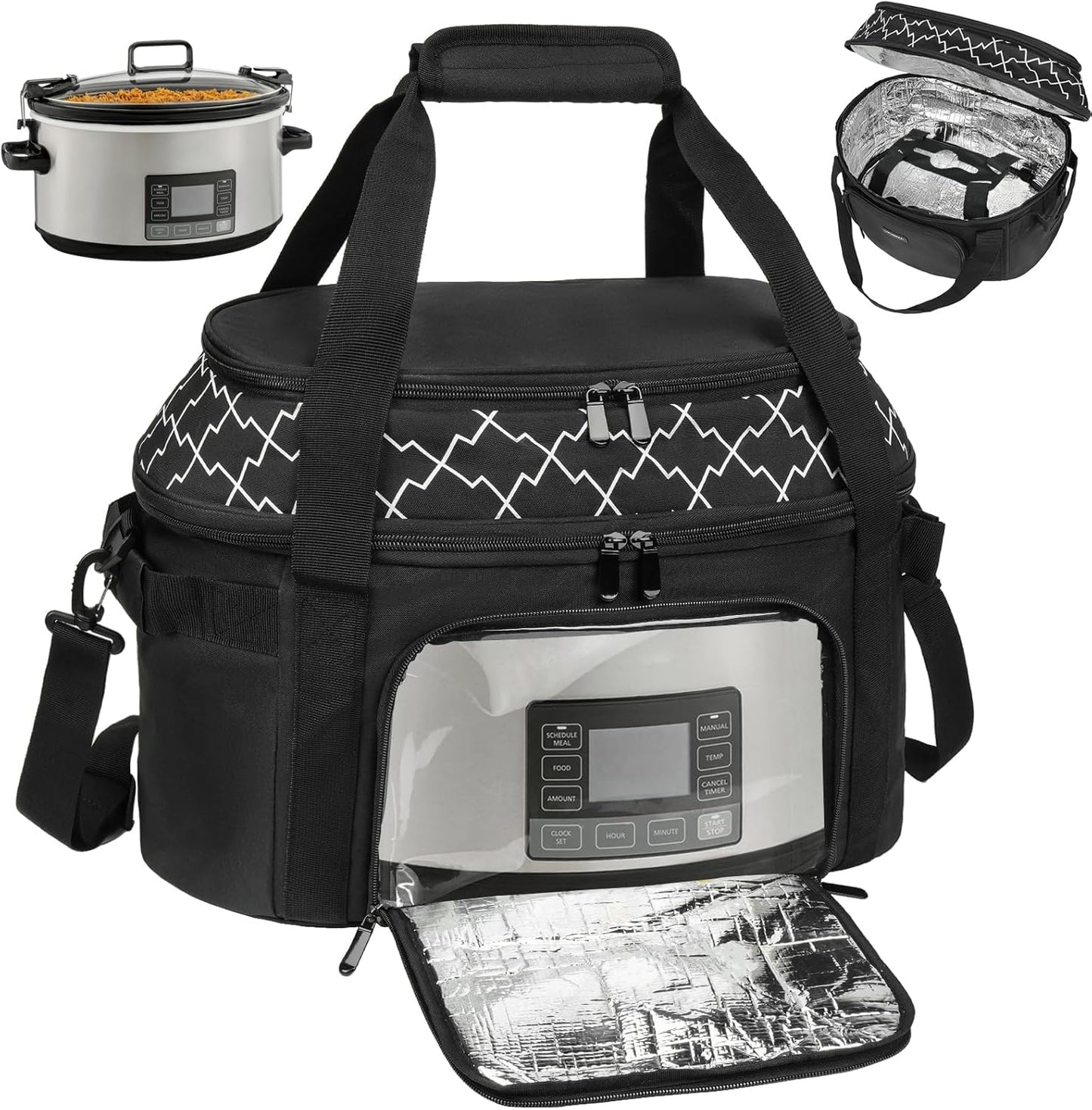 Slow Cooker Carrying Bag Compatible with 6-8 Quart CrockPot and Hamlton Beach,Double-Layer Insulated Carrier Case with Lid Fastener and See-through Window,Bag Only