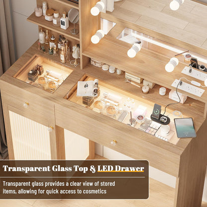 40" Vanity Desk with Large Mirror and Lights, Modern Glass Top Makeup Vanity Set with Power Outlet, Drawers and Cabinet, 3 Lighting Color Adjustable Dressing Table for Bedroom,Oak