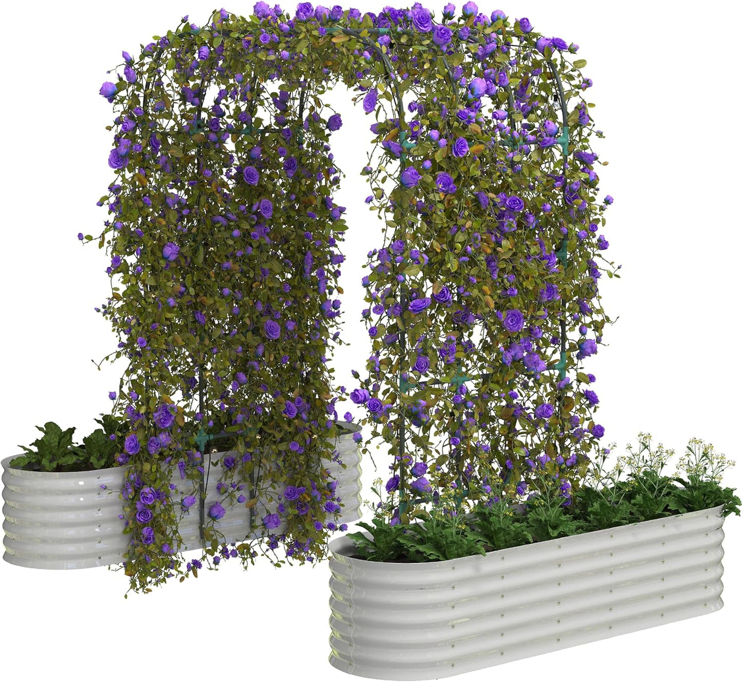 Galvanized Raised Garden Bed with 96" Tall Vertical Arch Trellis – Expandable Rust-Resistant Planter Box for Outdoor Plants, Flowers, Herbs & Vines – Includes Plant Clips, Drainage Netting,Beige