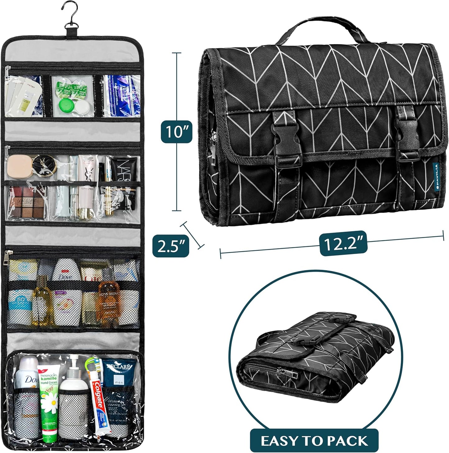 PAVILIA Travel Hanging Toiletry Bag for Women Men, Large Capacity Makeup Bag Kit, Waterproof Cosmetic Storage Organizer Case for Bathroom Shower