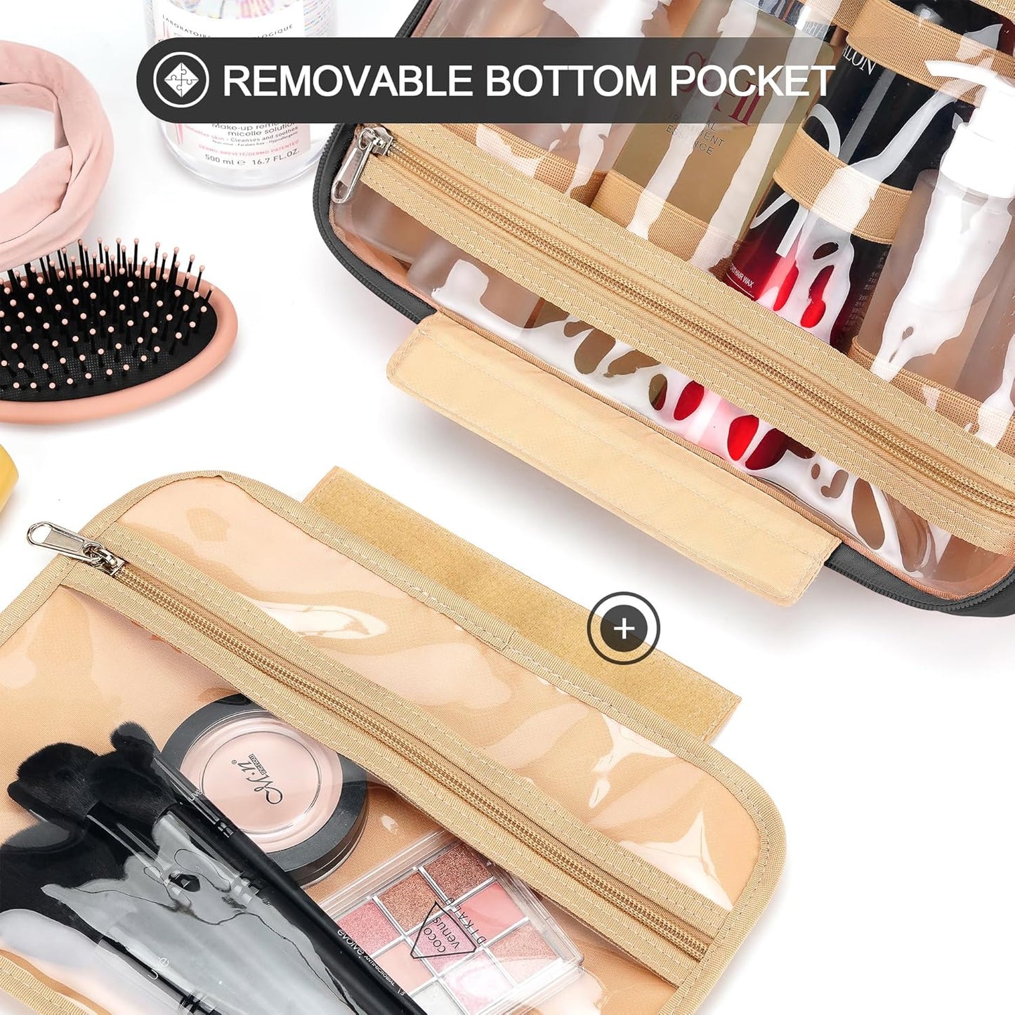 Travel Hanging Toiletry Bag for Women and Men, with 8 Leak Proofing Silicone Bottle Covers, Waterproof Makeup Accessories, Cosmetic Essentials, Cruise Ship Toiletries Bag with Jewelry Organizer, Black