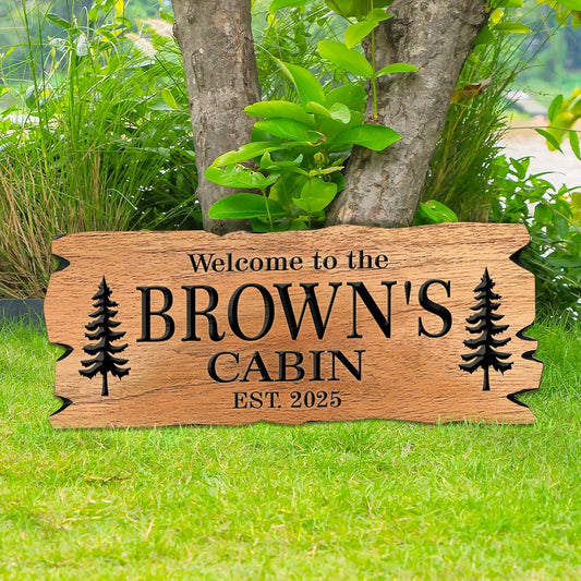 Custom Wooden Carved Cabin Sign, Personalized Outdoor Sign with Pine Trees, Camp Sign, Weekend Camping, Lake House Sign, Cottage Sign, Backyard Sign