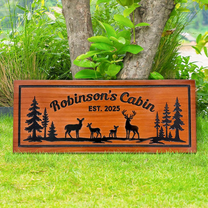 Personalized Carved Cabin Sign Custom Wooden Outdoor Sign Deer Pine Trees Rustic Mountain House Sign Lake House Sign Cottage Sign Camping Sign