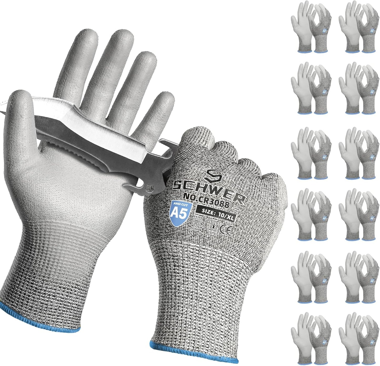 Schwer 12 Pairs ANSI A5 Cut Resistant Work Gloves, Cut Proof Gloves with PU Coating, Used for Metal Fabrication, WoodWorking, Construction, Non Slip, Durable, XL, CR3088