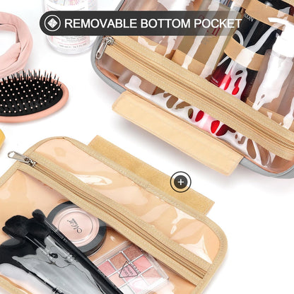 Travel Hanging Toiletry Bag for Women, with Jewelry Organizer Compartment, Medium Waterproof Hanging Makeup Accessories, Cosmetic Essentials, Toiletries Dopp Kit Set with Trolley Belt, Grey