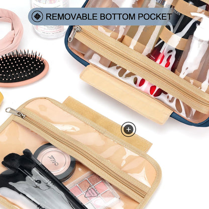 Travel Hanging Toiletry Bag for Women, with Jewelry Organizer Compartment, Medium Waterproof Hanging Makeup Accessories, Cosmetic Essentials, Toiletries Dopp Kit Set with Trolley Belt, Navy Blue