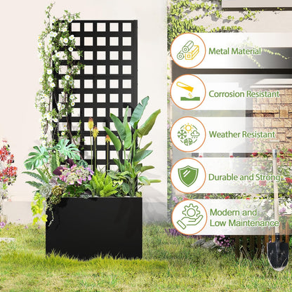 Metal Raised Garden Bed, Trellis Planters Bed with Drainage Holes for Climbing Plants, Vegetables Outdoor Privacy Screen with Planter Box 63"x24"x12", Black