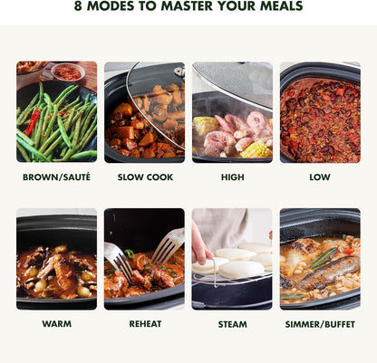 GreenPan Elite 8-in-1 Programmable 6QT Electric Slow Cooker, Dishwasher Safe Lid & Removable Crock, PFAS-Free Healthy Ceramic Nonstick Multi-Cooker, Sear, Sauté, Brown, Steam Basket, Roast, White