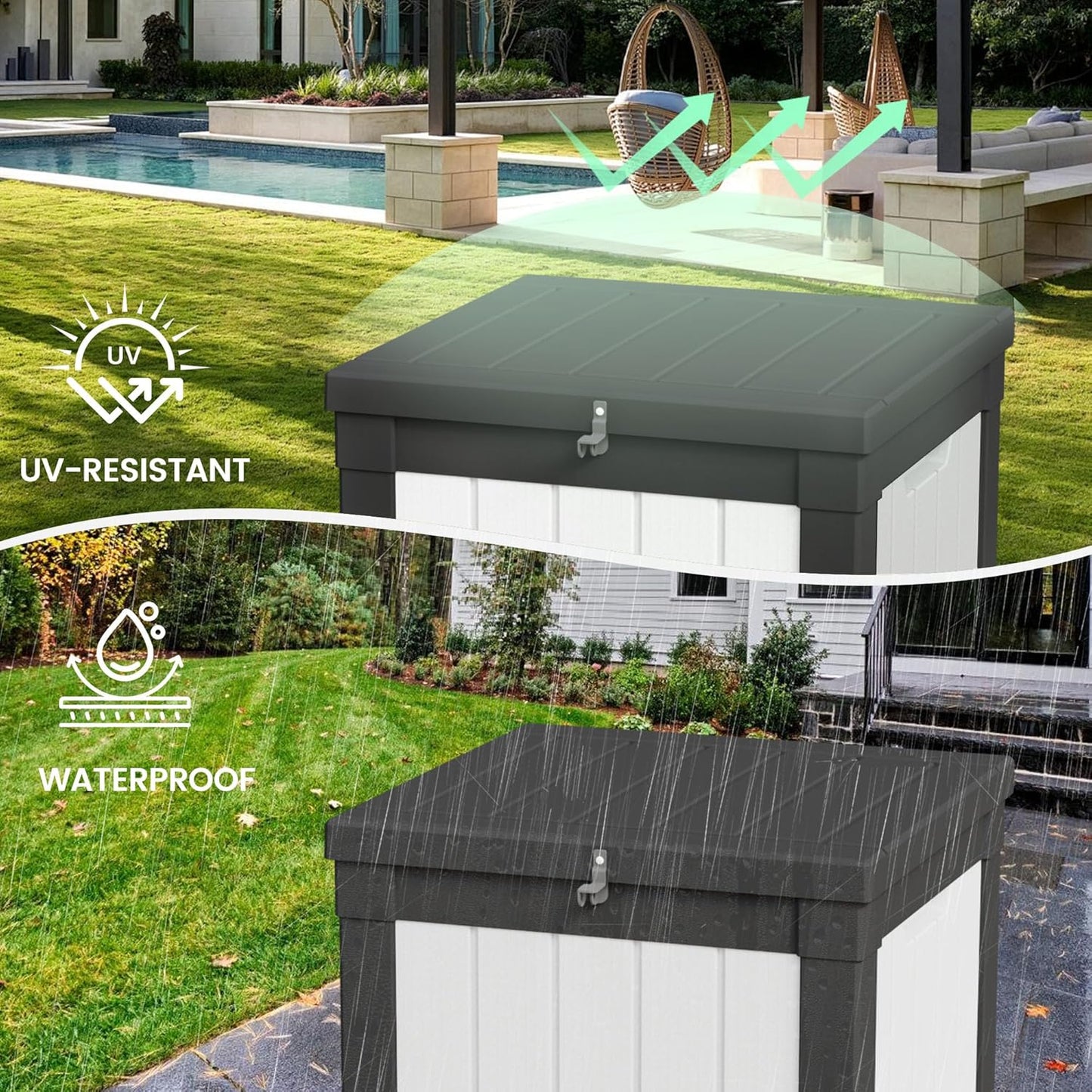 50 Gallon Storage Box, Waterproof Deck Box for Indoor & Outdoor Use, Lockable Pool Storage Bin for Package Delivery, Outdoor Bench for Patio Cushions, Garden Tools, Backyard, Black & White